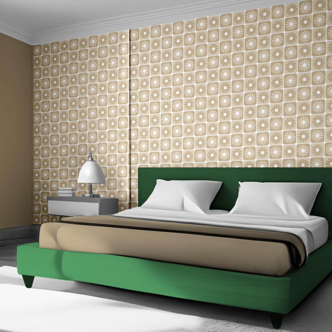 An abstract composition featuring irregular, rounded shapes in vibrant colors. The main colors include bright green, lime green, turquoise, and dark blue, all separated by white, jagged outlines. The shapes overlap and intersect dynamically, forming an energetic and playful pattern. The overall texture has a fabric-like appearance with subtle horizontal and vertical lines running through the colors.